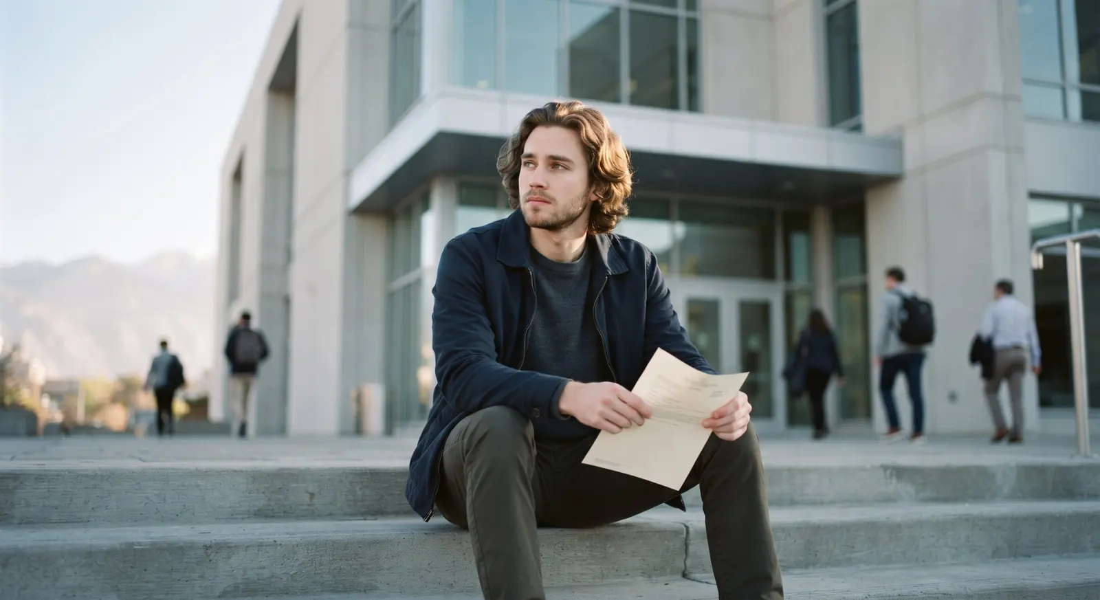 A young man sitting on courthouse steps holding a court notice