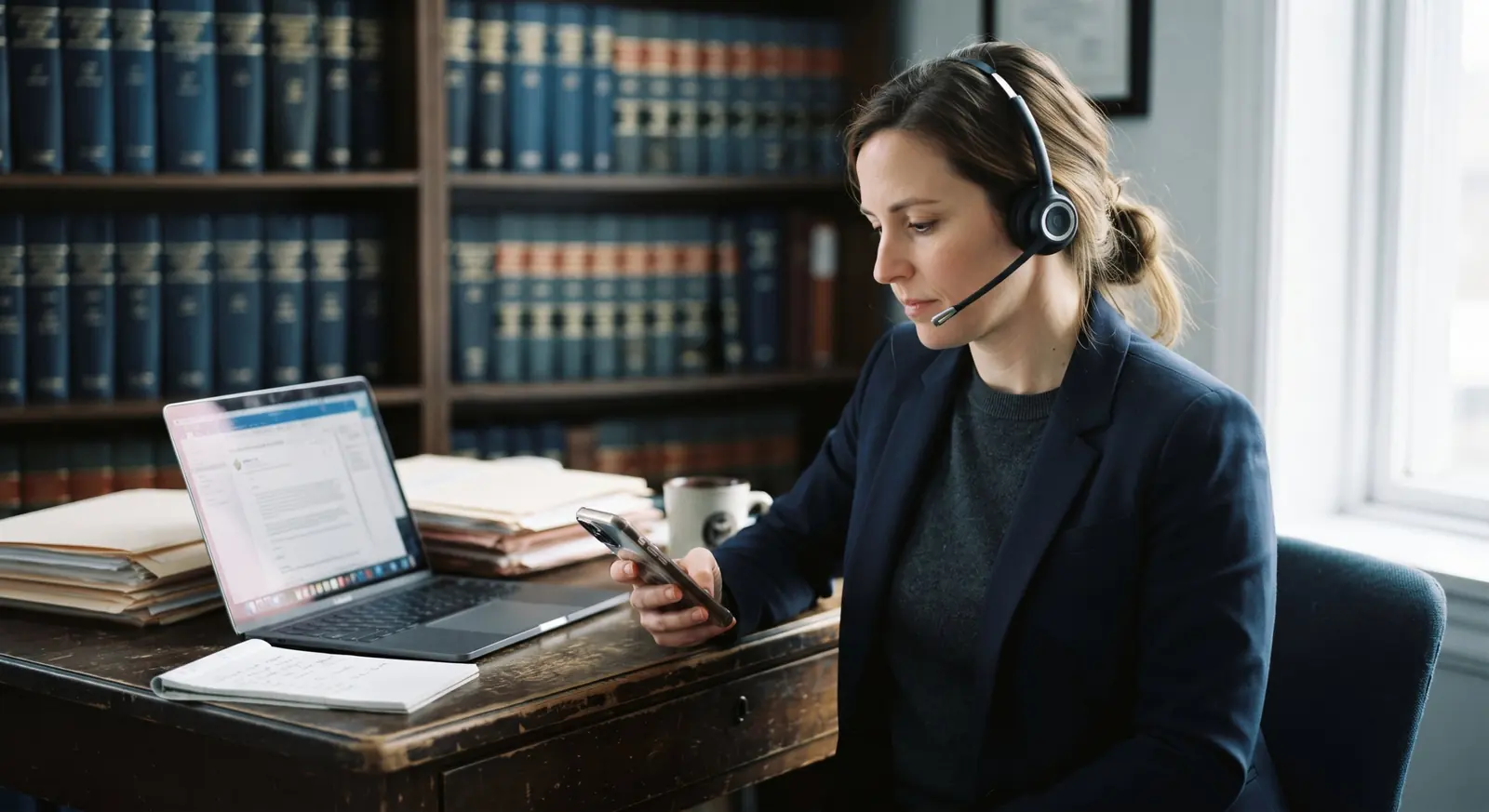 An intake coordinator at a law office desk with a headset, checking her phone