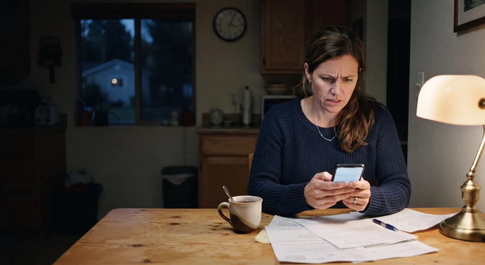 A woman at her kitchen table at night, reading her phone with papers beside her